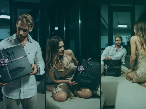 Collage: a couple exchanging a gift-wrapped karaoke system with a bow