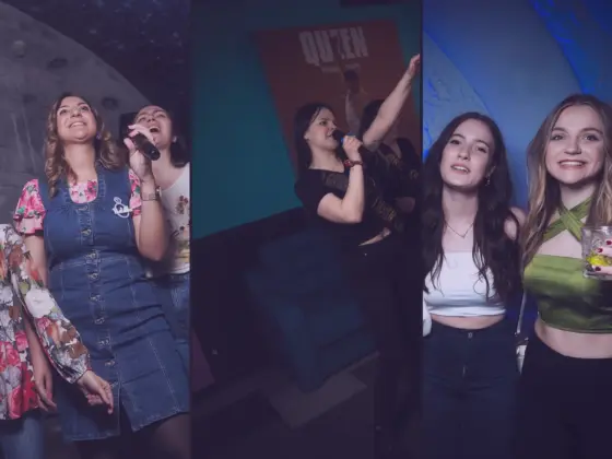 Collage of friends singing karaoke, a girl with a microphone by a Queen poster and two friends posing at a bar