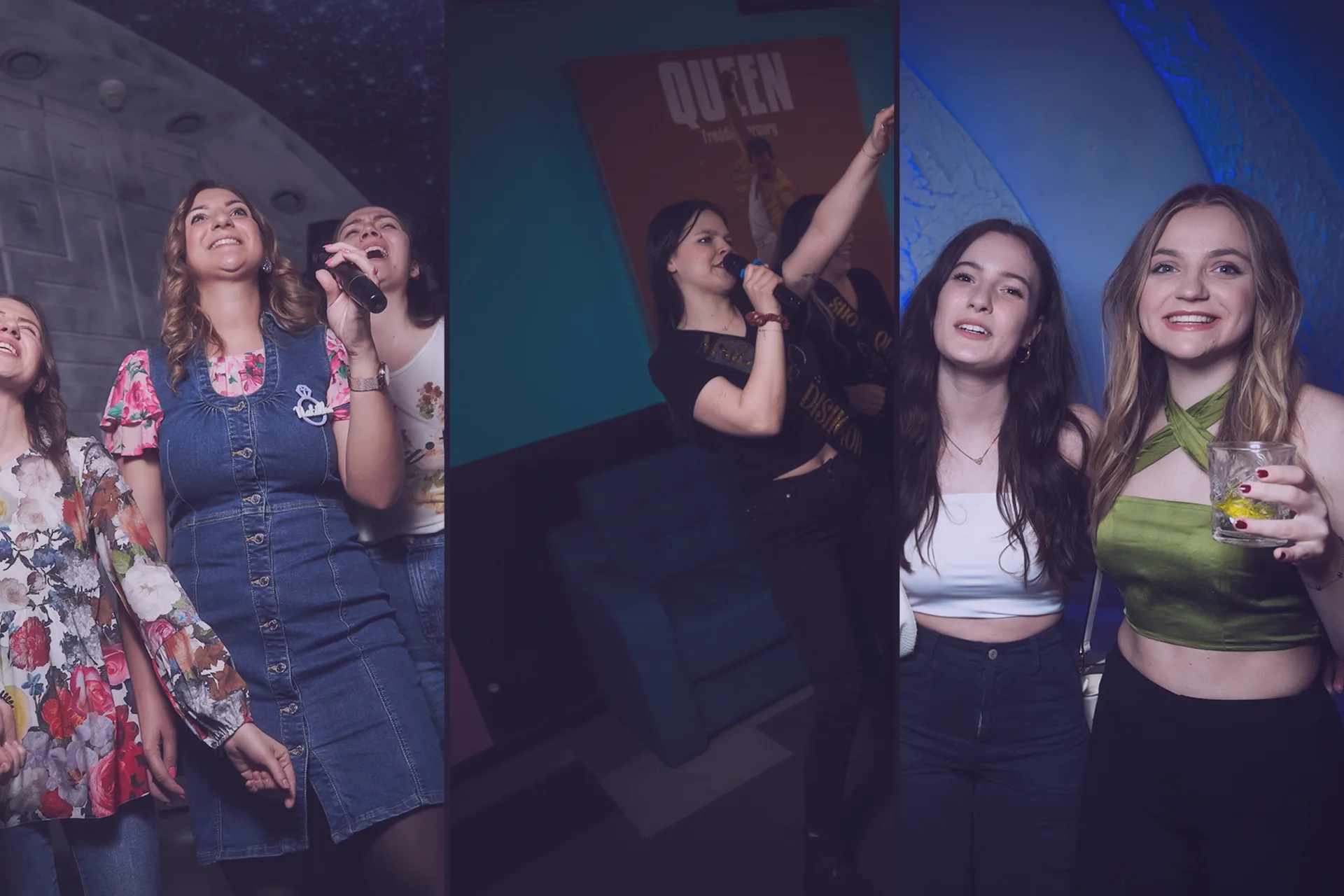 Collage: amigas cantando karaoke, una chica con micrófono junto a un póster de Queen y dos amigas posando en un bar