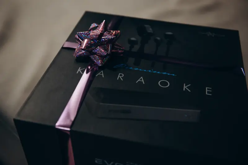 EVOBOX Premium karaoke system box wrapped with a gift bow and ribbon