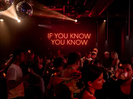 Neon sign reading “If you know you know” above a crowd of guests in a karaoke club with disco balls