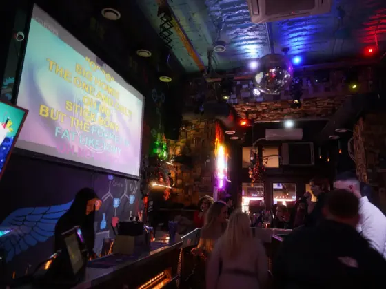 A karaoke club hall with a big lyrics screen, a bar counter, a disco ball and guests with a microphone
