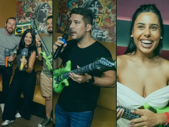 Collage of friends with microphones and inflatable guitars singing karaoke at a bar