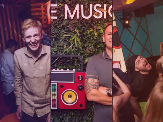Collage: laughing young man in a karaoke bar, man by a boombox under a MUSIC sign and friends singing karaoke