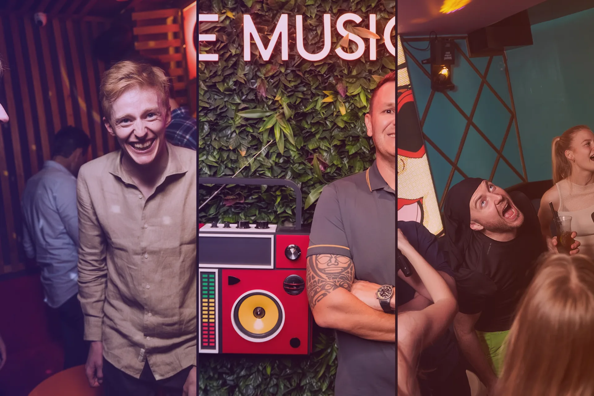 Collage: laughing young man in a karaoke bar, man by a boombox under a MUSIC sign and friends singing karaoke