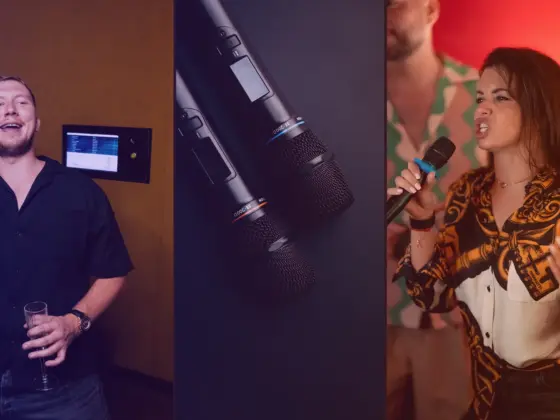 Collage: a man with a glass singing karaoke, two wireless microphones and a woman passionately performing a rock hit