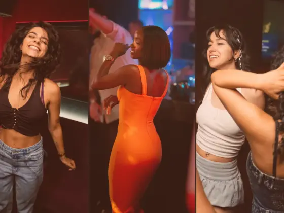 Collage: happy young women dancing at a club — a curly-haired girl in a top, a woman in an orange dress and friends