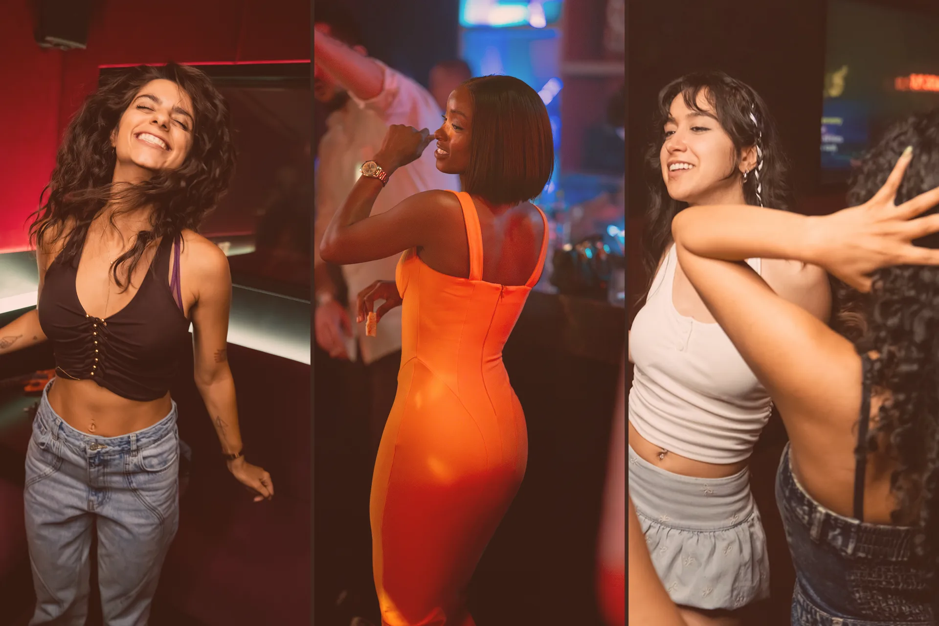 Collage: happy young women dancing at a club — a curly-haired girl in a top, a woman in an orange dress and friends